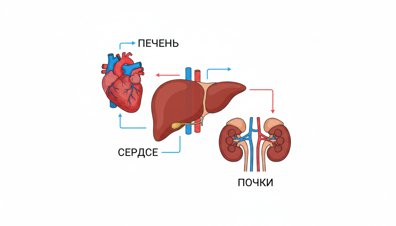 схематичные внутренние органы — печень, сердце, почки, медицинская инфографика