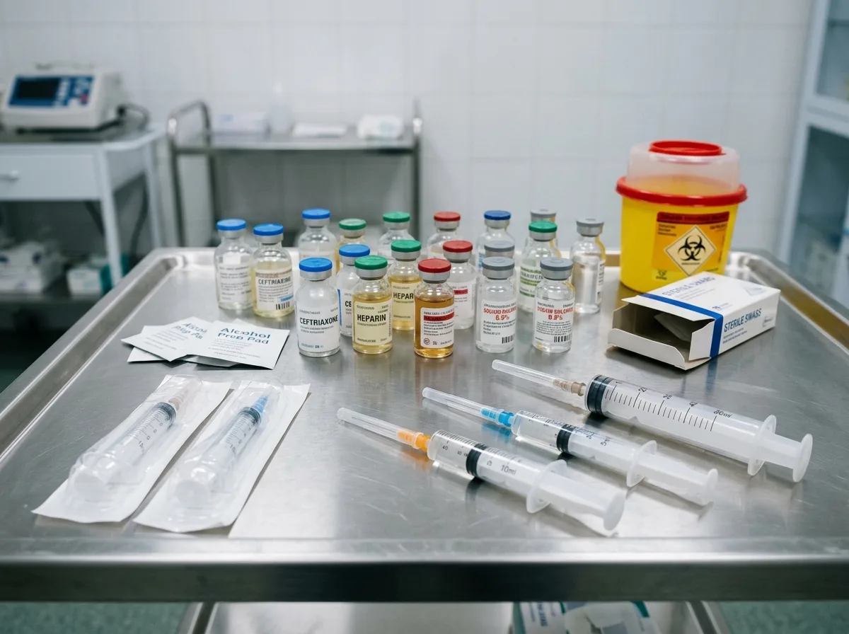 медицинские препараты, флаконы с растворами, шприцы на медицинском столике